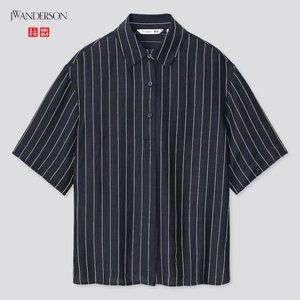 Navy Linen-Blend Striped Pullover Short-Sleeve Shirt (JW Anderson) | UNIQLO